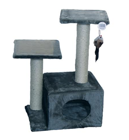 Tigga Cat Scratch 2 Tier Split Platform & Box Grey Fur & Rope with Squeaky Mouse